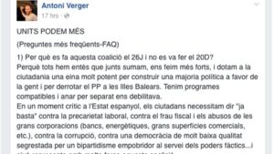 Imagen del 'post' colgado por Verger en su cuenta de Facebook