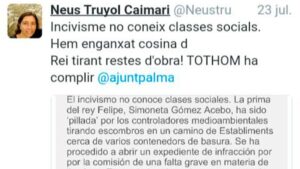 Tuit de la regidora en la que se&ntilde;ala a la prima del rey