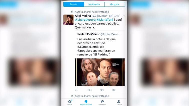 Imagen del tuit de Podem de Valent que retuiteó Molina y Jhardi