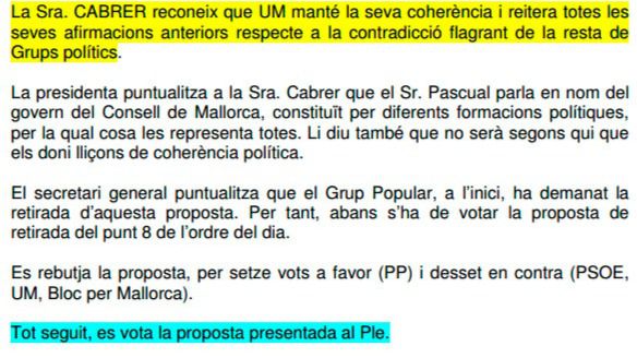 Extracto del acta del pleno a la que ha tenido acceso mallorcadiario.com