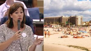 Francina Armengol, hoy en el Parlament junto a una imagen de la Playa de Palma