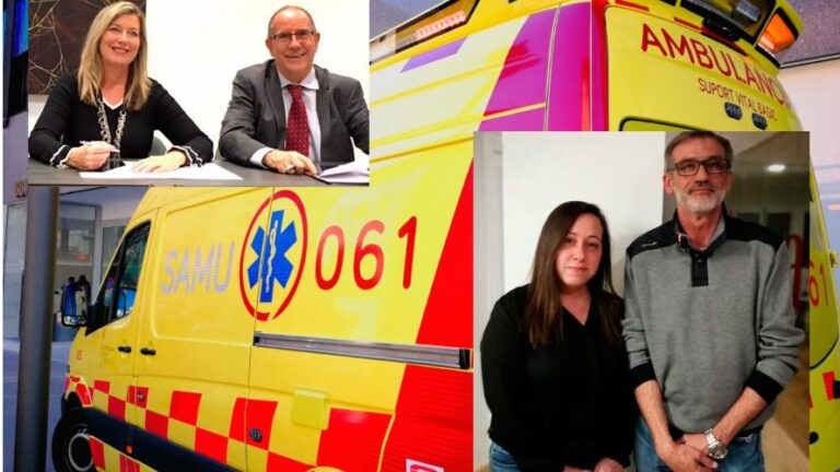 A la izquierda, la consellera de Salut y el director del IbSalut. A la derecha, dos de los trabajadores con mayor antigüedad del 061