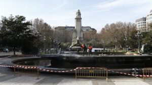 la Plaza de Espa&ntilde;a de Madrid, en obras.