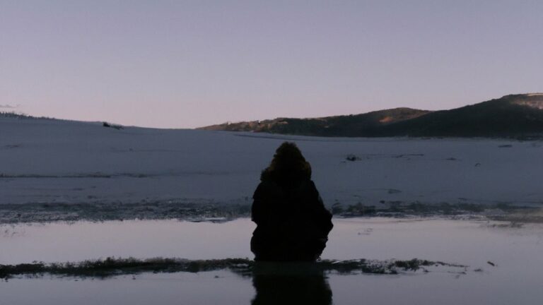 En una lúgubre tarde de invierno, una figura solitaria se encuentra sentada en la orilla de un lago helado, mirando el reflejo de la luna en el agua. ¿Qué está pensando?