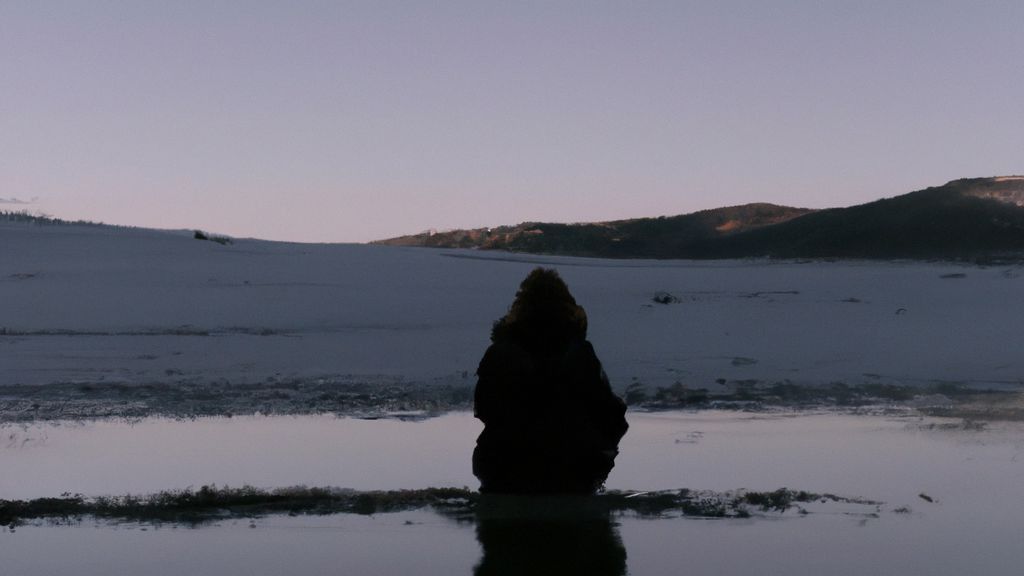 En una lúgubre tarde de invierno, una figura solitaria se encuentra sentada en la orilla de un lago helado, mirando el reflejo de la luna en el agua. ¿Qué está pensando?