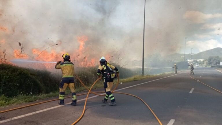 Efectivos del operativo de extinción actúa en el incendio declarado en la zona forestal de ses Feixes, en Ibiza