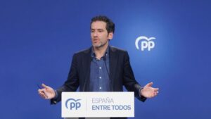 El portavoz de campa&ntilde;a del PP, Borja S&eacute;mper, durante una reciente comparecencia informativa en la sede nacional del partido, en Madrid