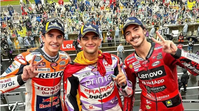 Marc Márquez, Jorge Martín y 'Pecco' Bagnaia, hoy en el podio de MotoGP del GP Japón