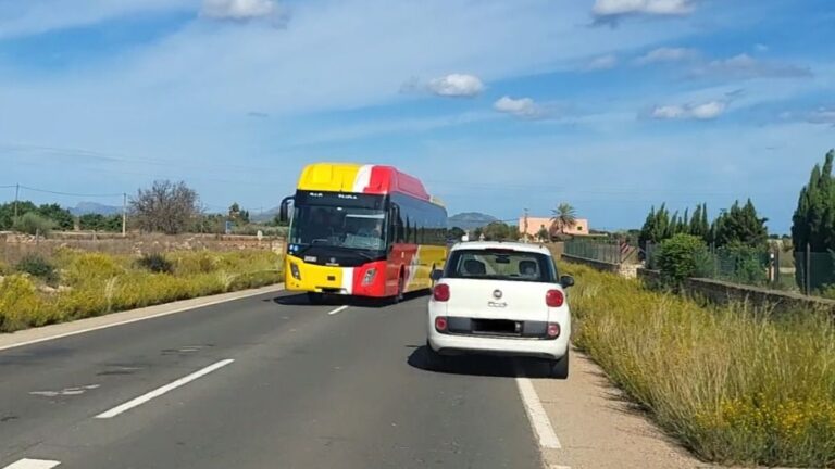 Momento en el que el conductor del bus está acabando de realizar la maniobra, obligando al coche que circulaba en sentido contrario a apartarse hacia el arcén derecho.
