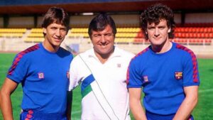 Venables, entre Lineker y Hugues, durante su &eacute;poca como entrenador del Bar&ccedil;a