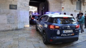 Dos coches policiales a su llegada a la Audiencia Provincial de Palma.