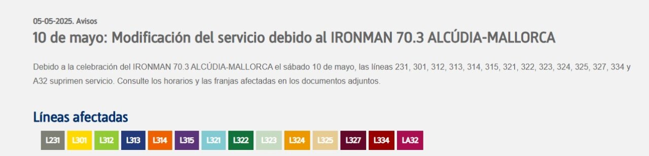 Líneas del TIB afectadas por la celebración de la prueba AIRONMAN 70.3 Alcúdia Mallorca.