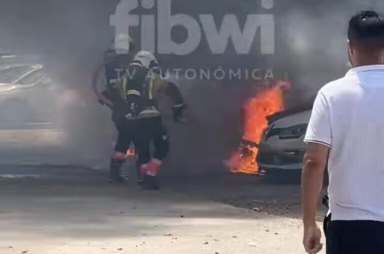 Bomberos apagando el fuego de un coche. Fuente: FIBWI TV.