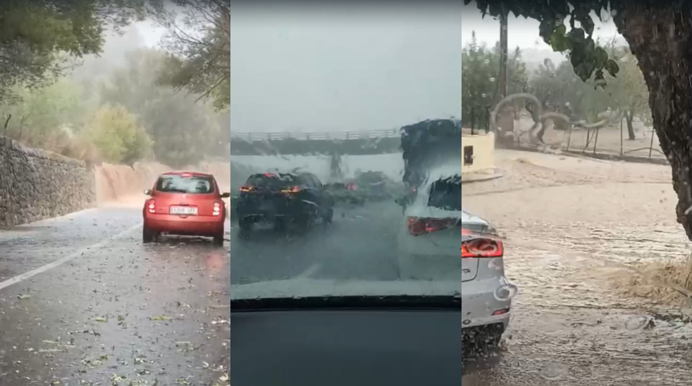 Vista de una carretera inundada por fuertes lluvias y granizo en Inca