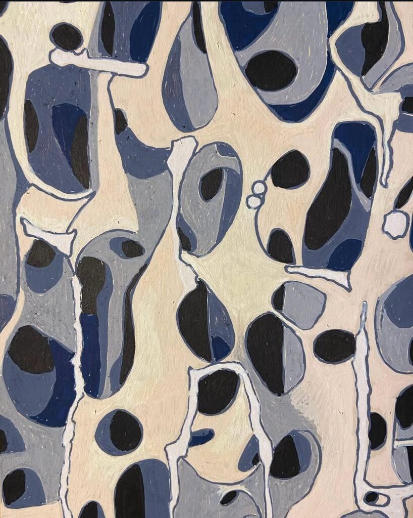 Pintura abstracta de Esther Fuster con formas orgánicas y colores neutros.