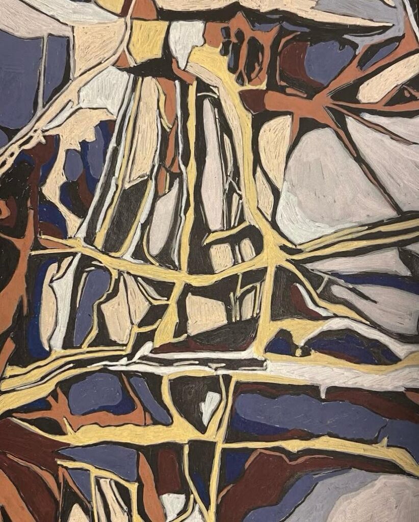 Pintura abstracta de Esther Fuster con colores variados y formas entrelazadas.