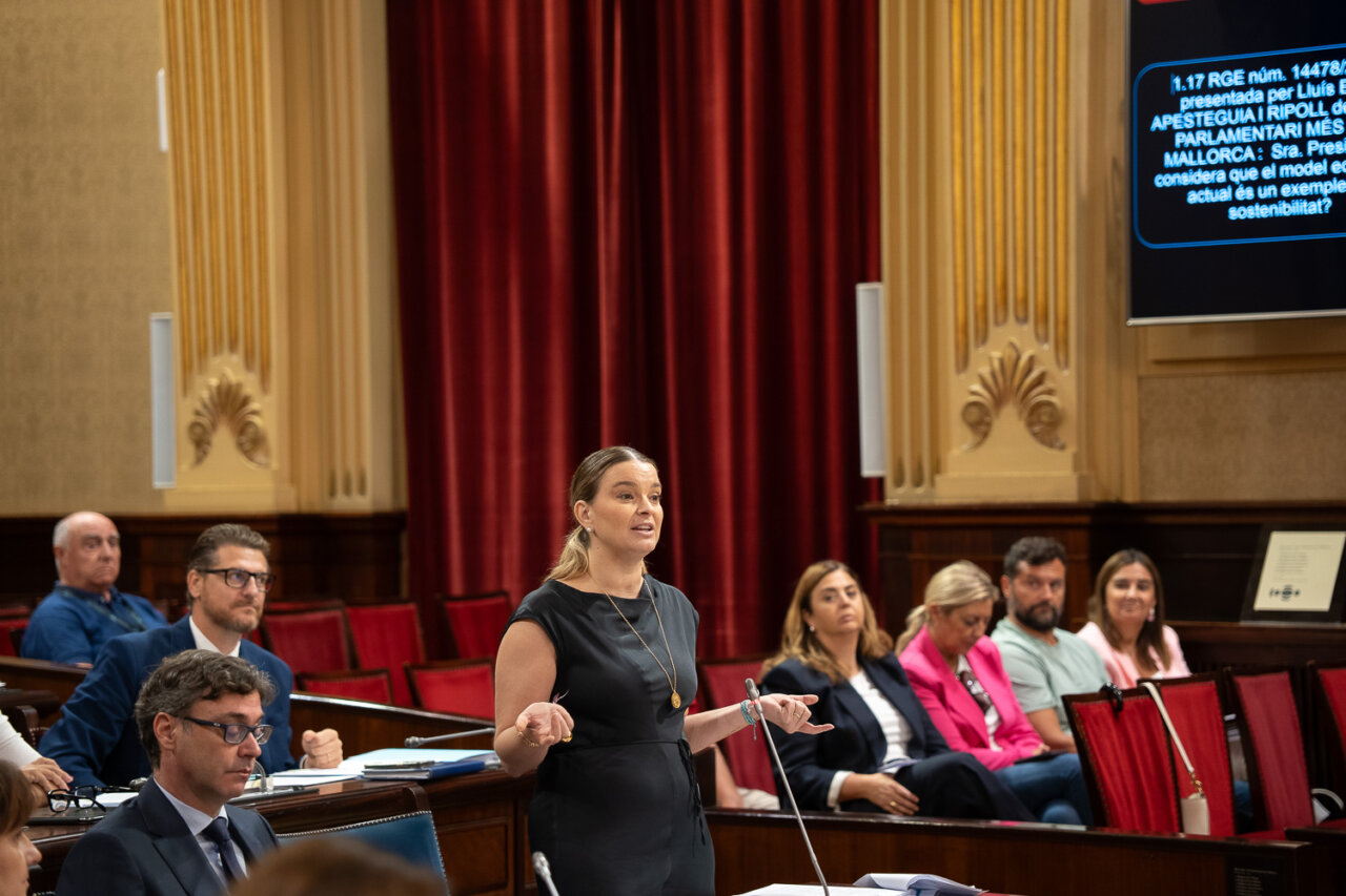 Una mujer hablando en el parlamento con asistentes escuchando.
