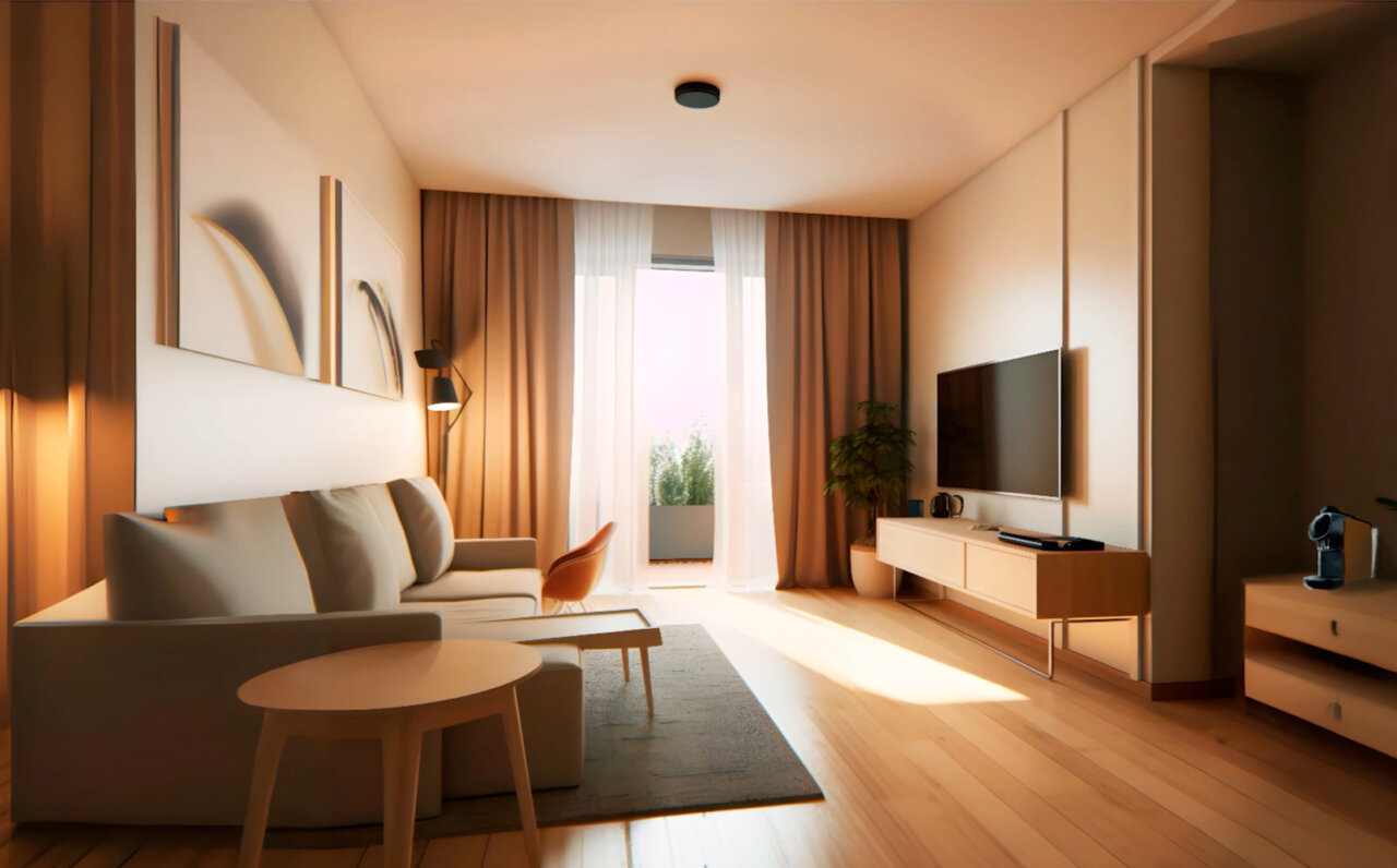 Interior de un hotel moderno con sofá y televisión.