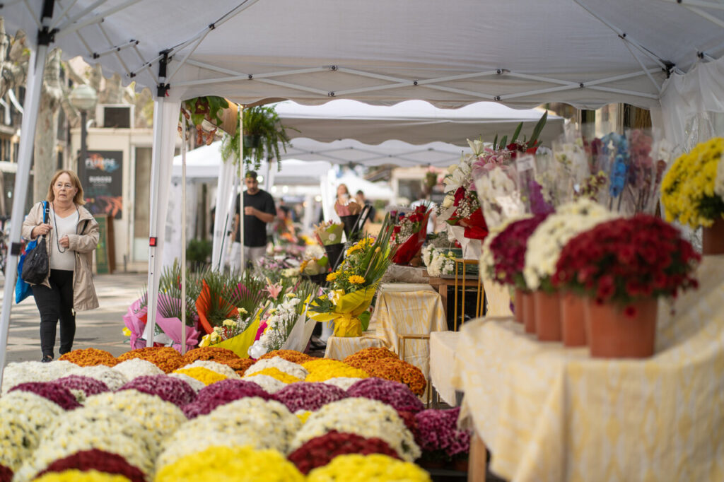 Mujer caminando por un mercado de flores en el D&iacute;a de Todos los Santos