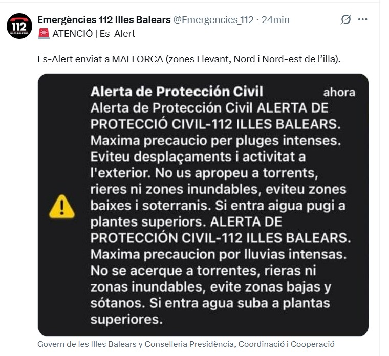 Alerta de Protección Civil por lluvias intensas en Mallorca