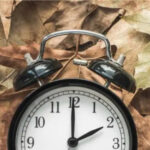 Reloj despertador sobre hojas secas en otoño