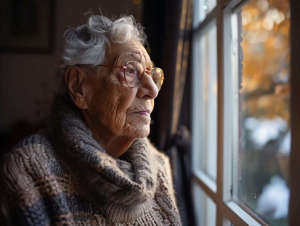 Mujer mayor mirando por la ventana en un ambiente acogedor