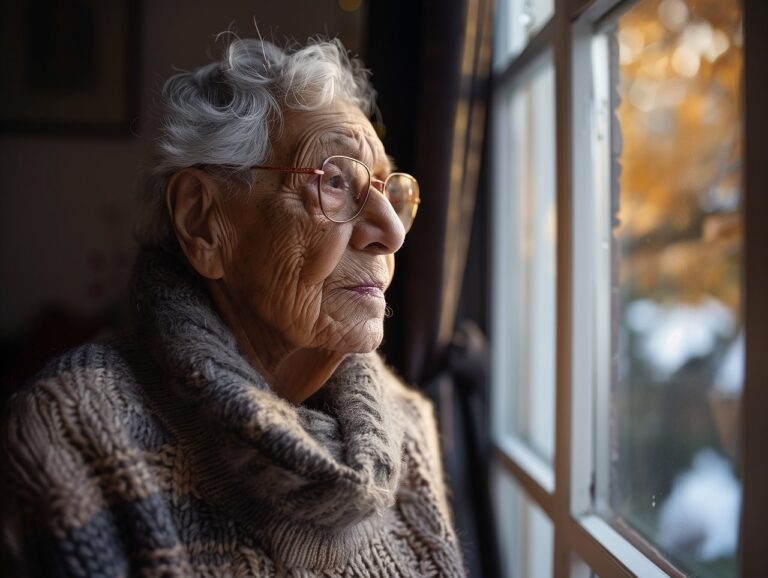Mujer mayor mirando por la ventana en un ambiente acogedor