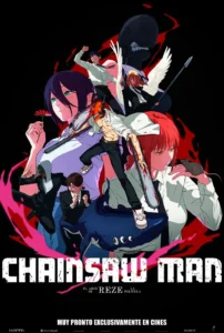 Cartel de la película Chainsaw Man con personajes principales y acción intensa.