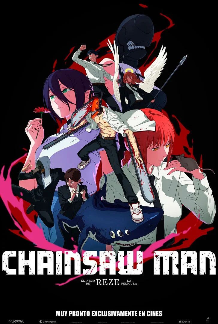 Cartel de la película Chainsaw Man con personajes principales y acción intensa.