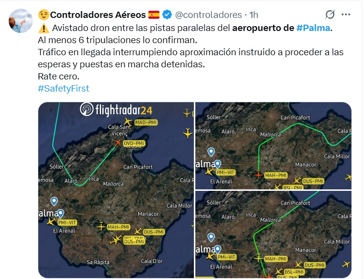 Controladores aéreos informando sobre un dron en el aeropuerto de Palma