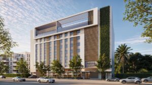 Vista exterior del hotel Meliá Miami Brickell con vegetación