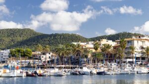 Vista del puerto de Andratx con barcos y montañas al fondo