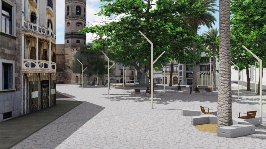 Vista de la remodelación de la Plaza del Mercat en Palma con árboles y bancos.