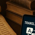 Pantalla de traducción con libros antiguos de fondo