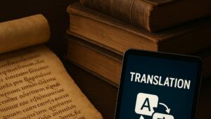 Pantalla de traducción con libros antiguos de fondo