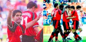 Jugadores del Mallorca celebrando un gol en el Pizjuán en 2000