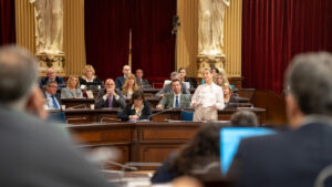 Sesi&oacute;n plenaria en el parlamento con varios representantes presentes.