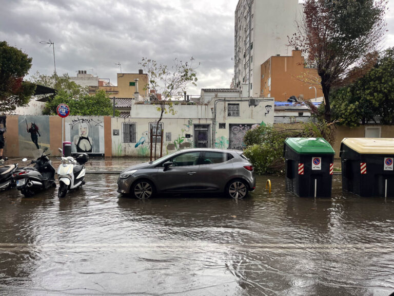 Calle inundada en Palma con coches y contenedores de basura