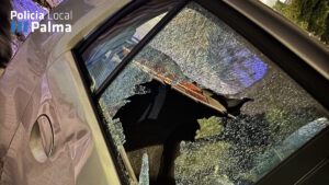 Ventana de coche rota tras un robo en Palma.