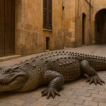Cocodrilo en una calle antigua de Palma, evocando leyendas locales.