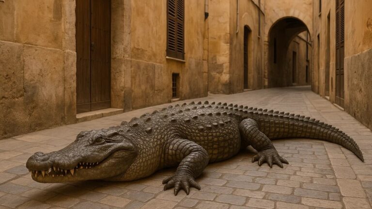 Cocodrilo en una calle antigua de Palma, evocando leyendas locales.
