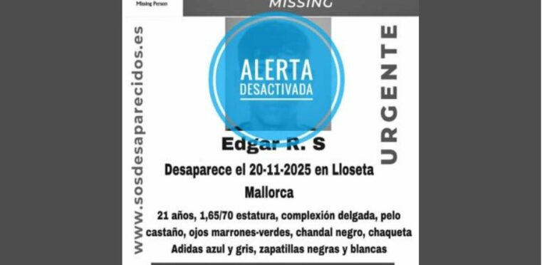 Cartel de alerta desactivada de un joven desaparecido en Lloseta.