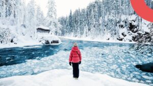 Persona de pie frente a un paisaje nevado en Laponia