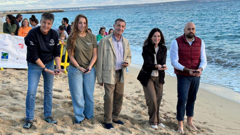 Grupo de personas liberando tortugas marinas en la playa de Can Pere Antoni