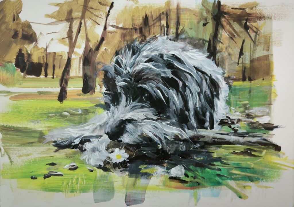 Pintura de un perro descansando en un paisaje natural