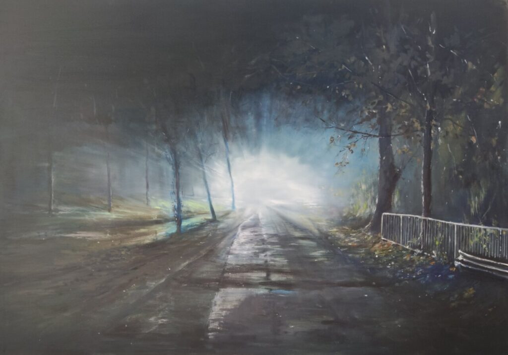 Pintura de un camino iluminado por la luz en un ambiente oscuro