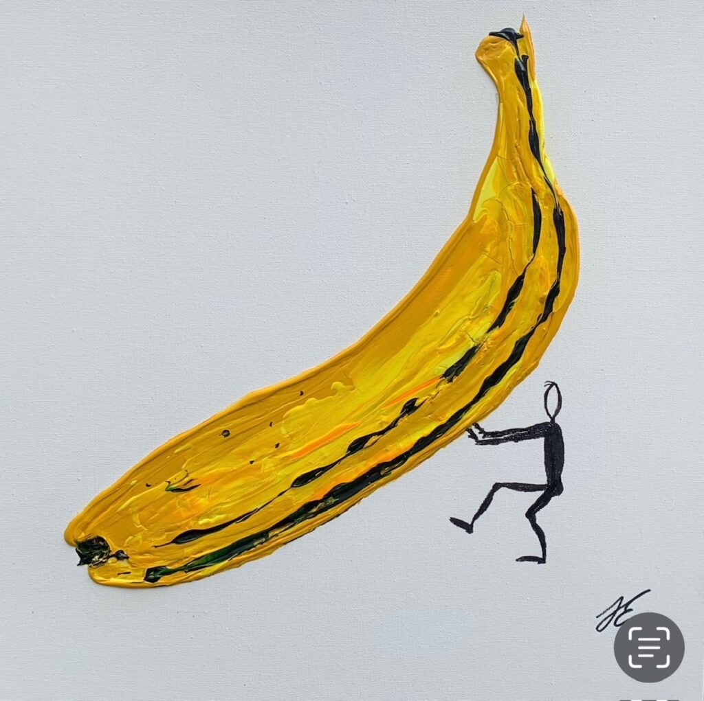 Pintura de una banana amarilla con una figura negra