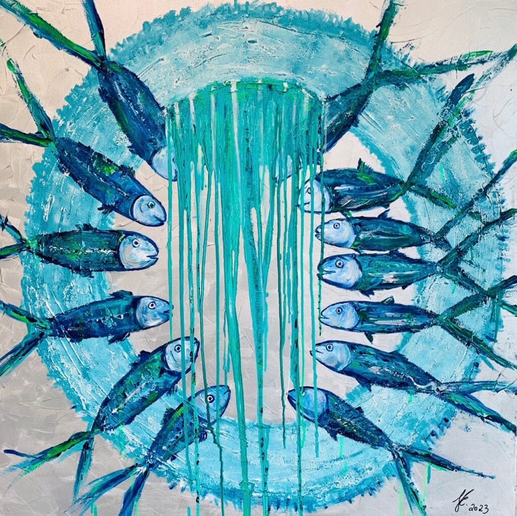 Pintura abstracta de peces en tonos azules y verdes