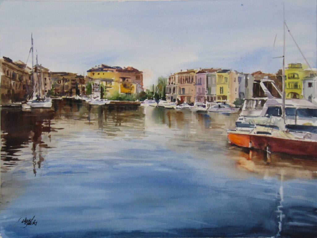 Pintura de un puerto con barcos y edificios coloridos