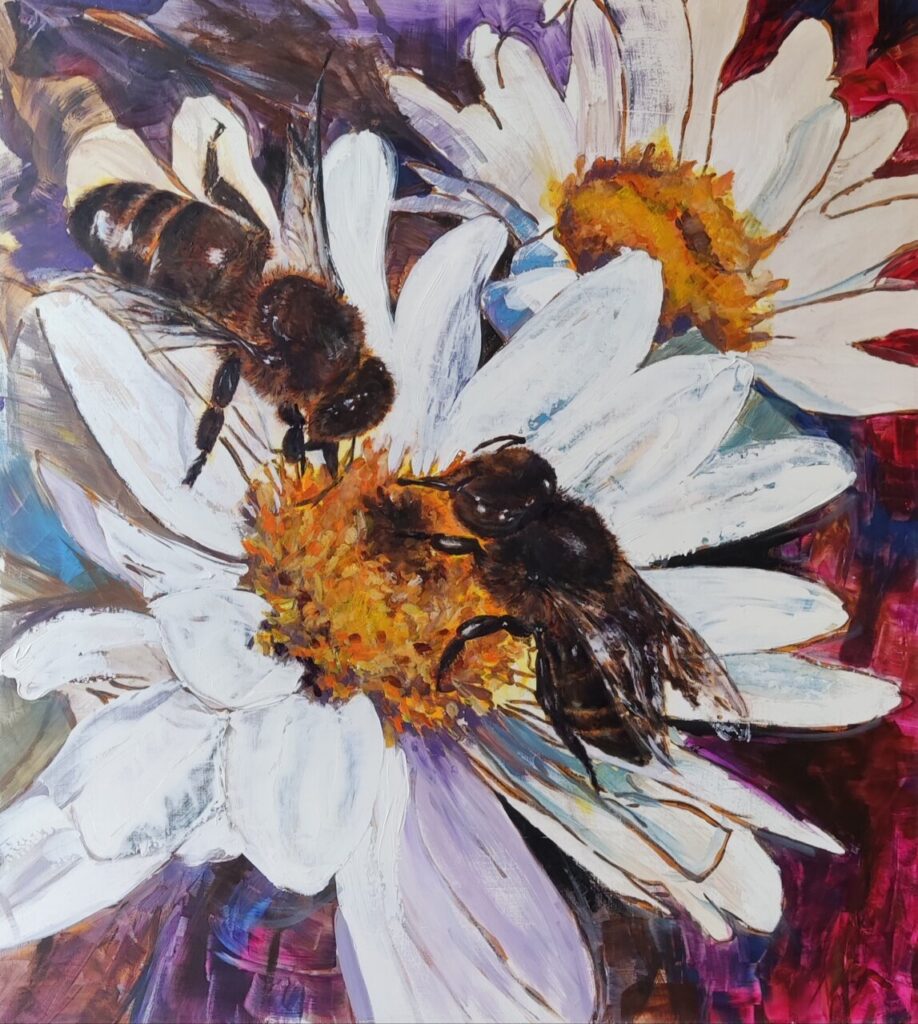 Obra de arte con abejas sobre flores blancas y fondo colorido